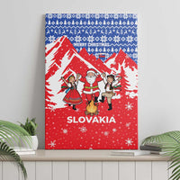 Slovakia Christmas Canvas Wall Art with Santa and Dancers by Campfire Snowy Mountains and Red Blue Snowflake Pattern Design - Wonder Print Shop