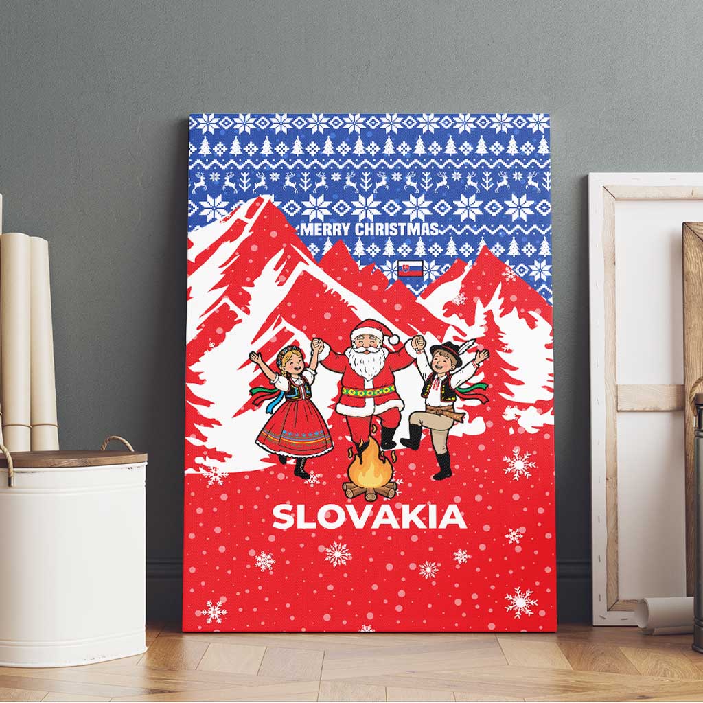 Slovakia Christmas Canvas Wall Art with Santa and Dancers by Campfire Snowy Mountains and Red Blue Snowflake Pattern Design - Wonder Print Shop