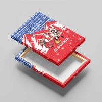 Slovakia Christmas Canvas Wall Art with Santa and Dancers by Campfire Snowy Mountains and Red Blue Snowflake Pattern Design - Wonder Print Shop