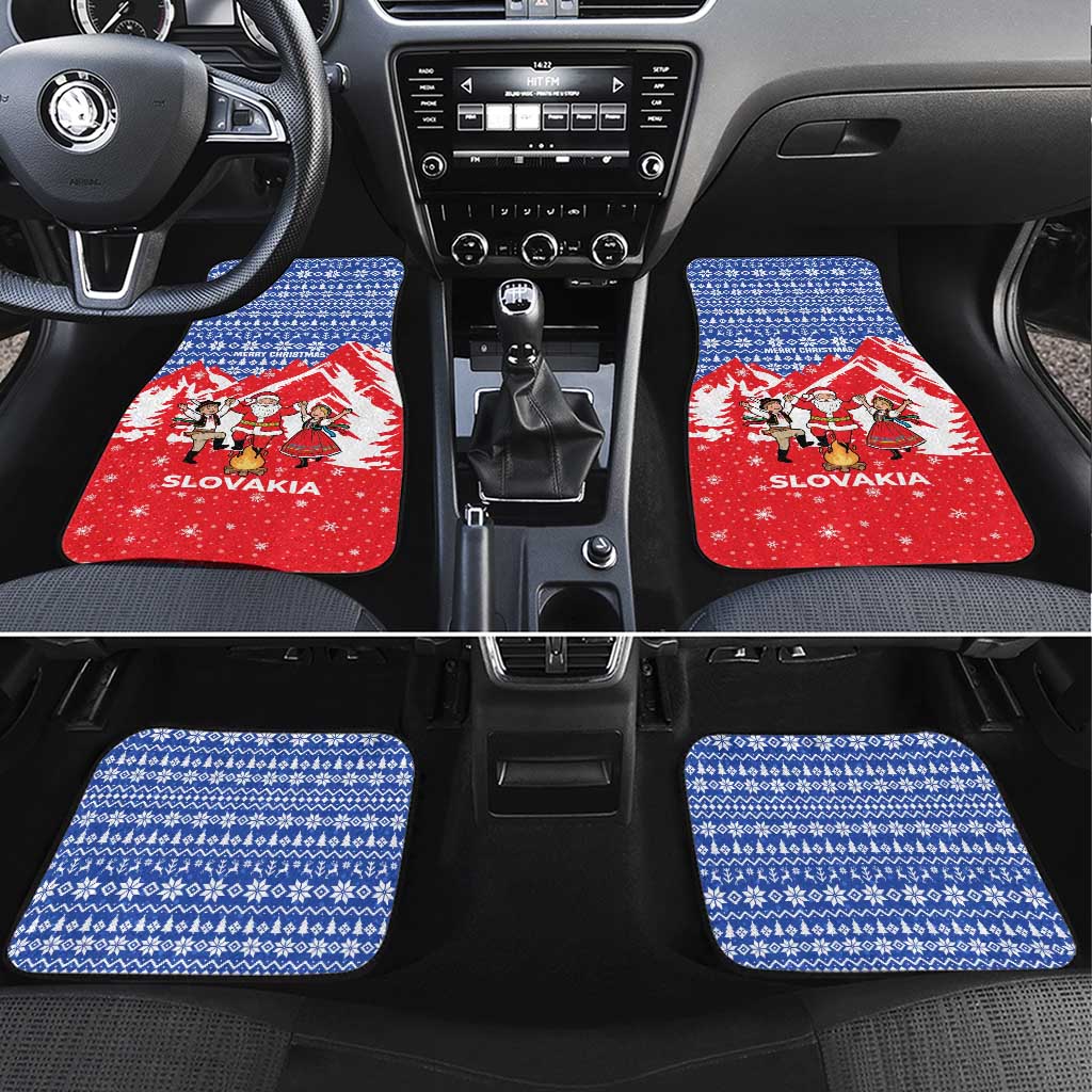 Slovakia Christmas Car Mats with Santa and Dancers by Campfire Snowy Mountains and Red Blue Snowflake Pattern Design - Wonder Print Shop