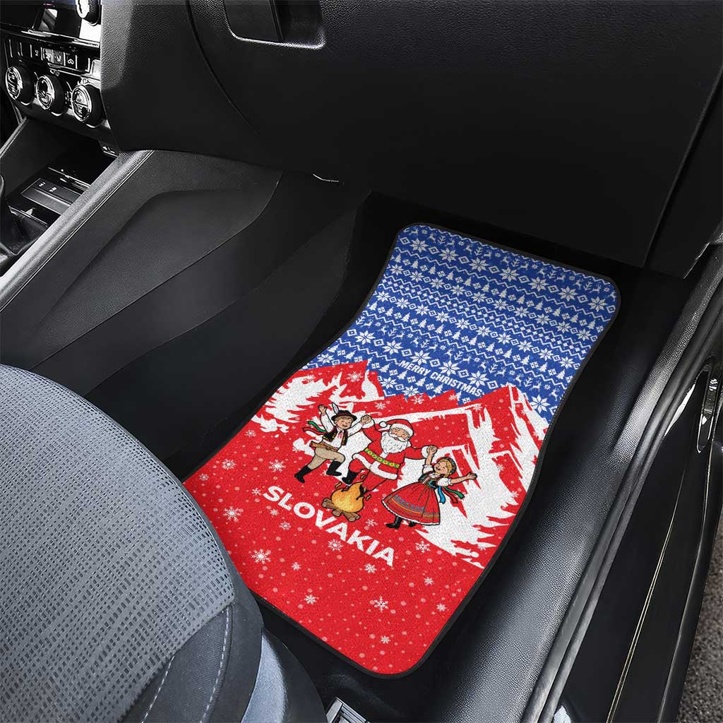 Slovakia Christmas Car Mats with Santa and Dancers by Campfire Snowy Mountains and Red Blue Snowflake Pattern Design - Wonder Print Shop