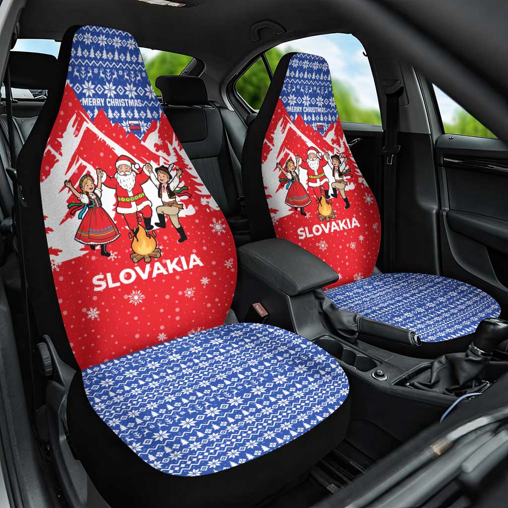 Slovakia Christmas Car Seat Cover with Santa and Dancers by Campfire Snowy Mountains and Red Blue Snowflake Pattern Design - Wonder Print Shop