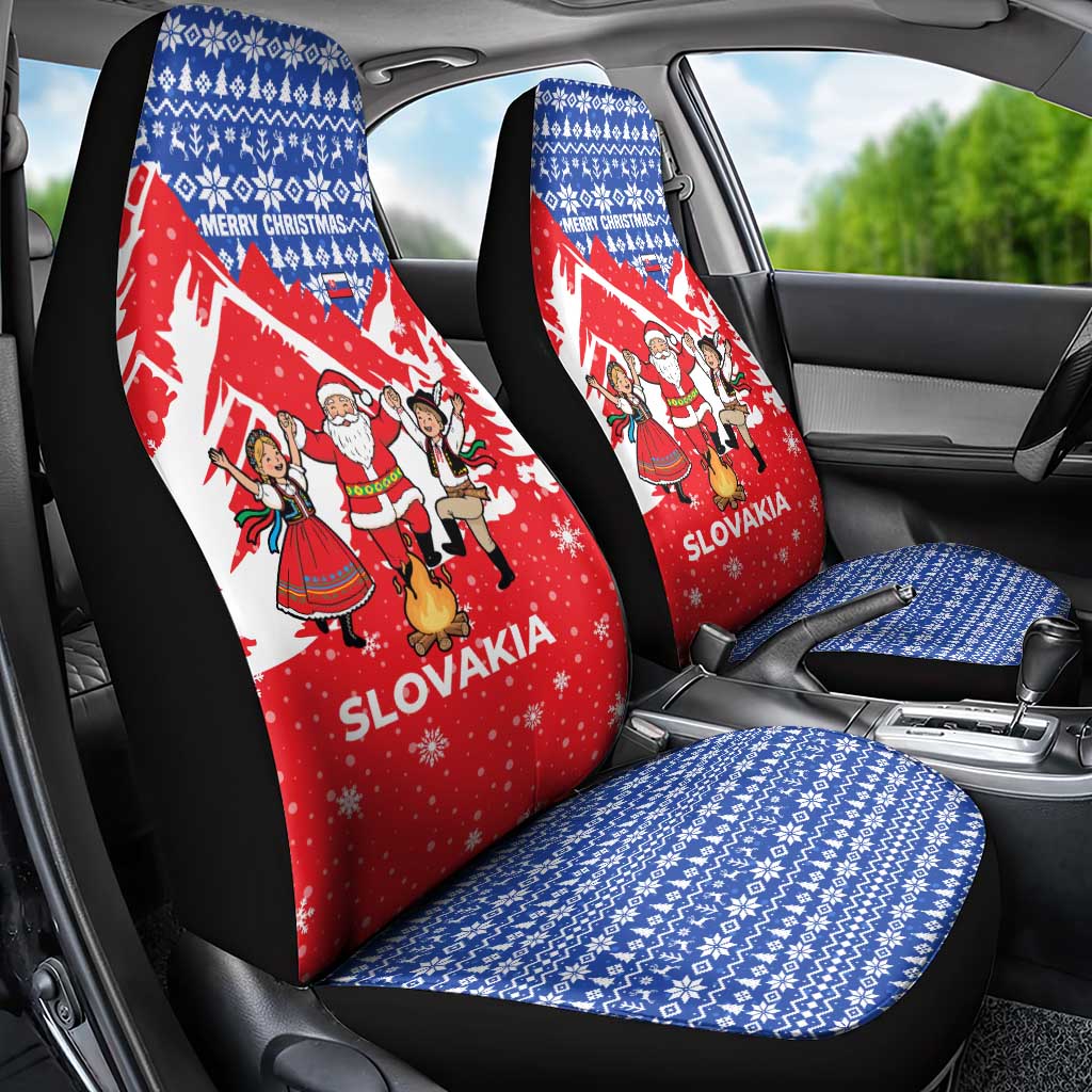 Slovakia Christmas Car Seat Cover with Santa and Dancers by Campfire Snowy Mountains and Red Blue Snowflake Pattern Design - Wonder Print Shop