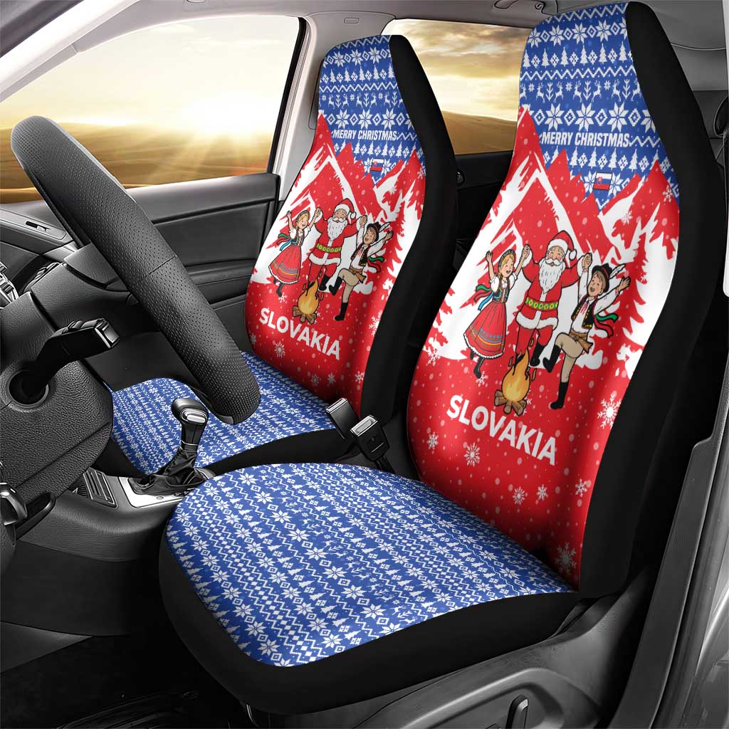 Slovakia Christmas Car Seat Cover with Santa and Dancers by Campfire Snowy Mountains and Red Blue Snowflake Pattern Design - Wonder Print Shop