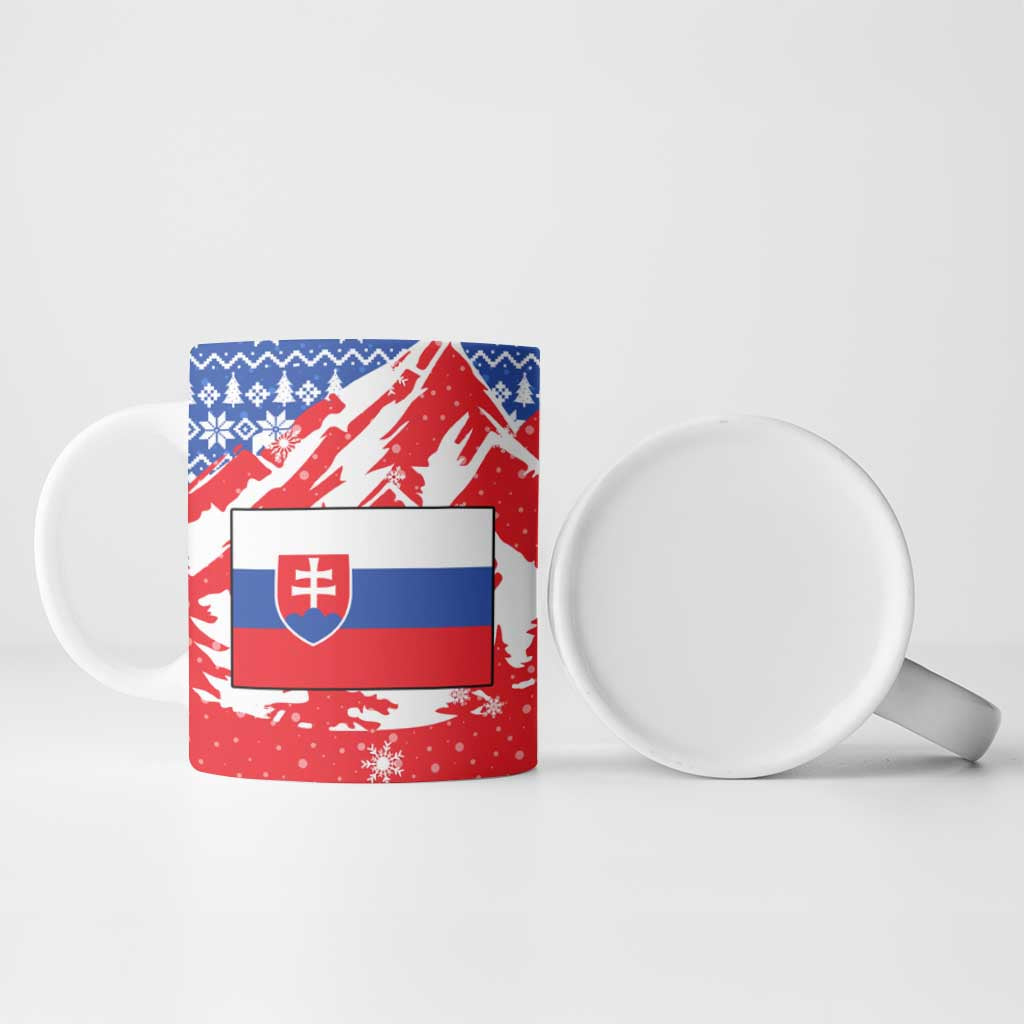 Slovakia Christmas Ceramic Mug with Santa and Dancers by Campfire Snowy Mountains and Red Blue Snowflake Pattern Design - Wonder Print Shop