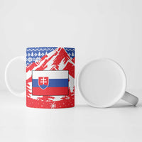 Slovakia Christmas Ceramic Mug with Santa and Dancers by Campfire Snowy Mountains and Red Blue Snowflake Pattern Design - Wonder Print Shop