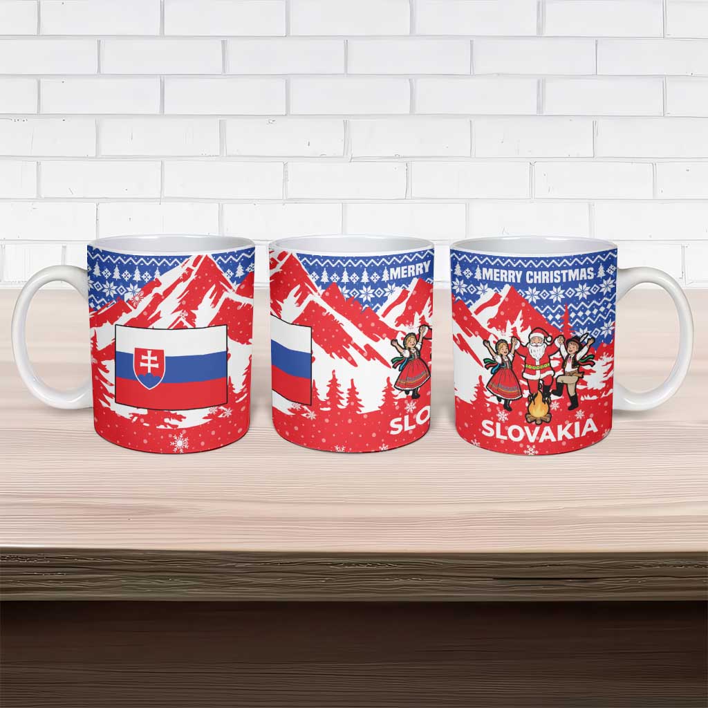 Slovakia Christmas Ceramic Mug with Santa and Dancers by Campfire Snowy Mountains and Red Blue Snowflake Pattern Design - Wonder Print Shop