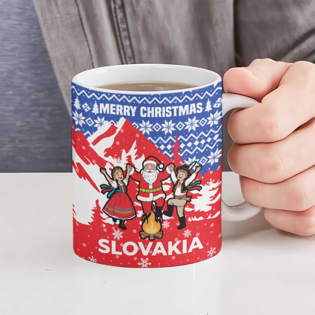 Slovakia Christmas Ceramic Mug with Santa and Dancers by Campfire Snowy Mountains and Red Blue Snowflake Pattern Design - Wonder Print Shop