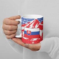 Slovakia Christmas Ceramic Mug with Santa and Dancers by Campfire Snowy Mountains and Red Blue Snowflake Pattern Design - Wonder Print Shop