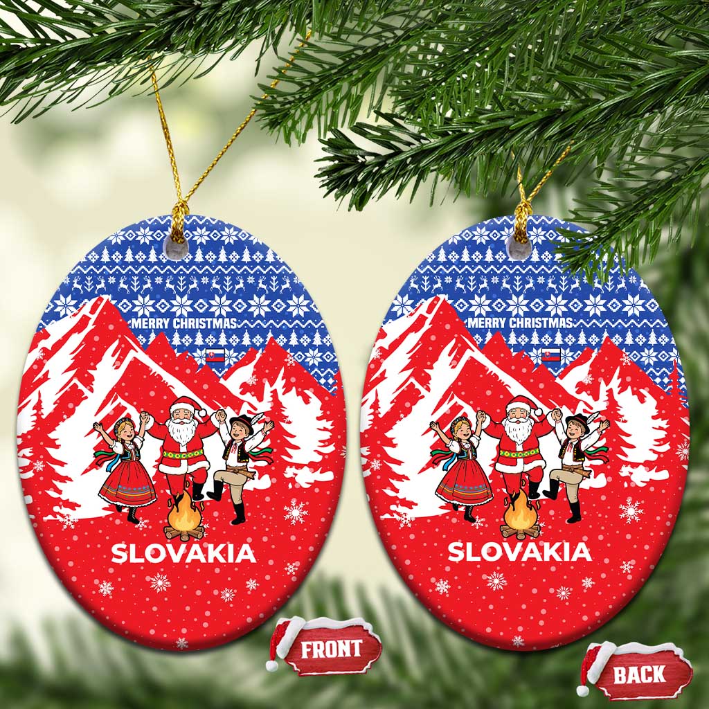 Slovakia Christmas Ceramic Ornament with Santa and Dancers by Campfire Snowy Mountains and Red Blue Snowflake Pattern Design - Wonder Print Shop