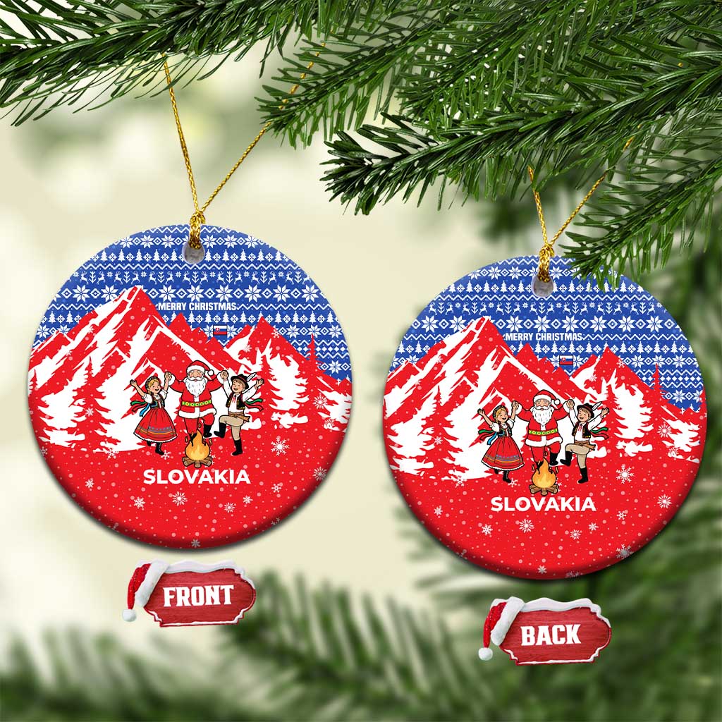 Slovakia Christmas Ceramic Ornament with Santa and Dancers by Campfire Snowy Mountains and Red Blue Snowflake Pattern Design - Wonder Print Shop