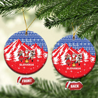 Slovakia Christmas Ceramic Ornament with Santa and Dancers by Campfire Snowy Mountains and Red Blue Snowflake Pattern Design - Wonder Print Shop