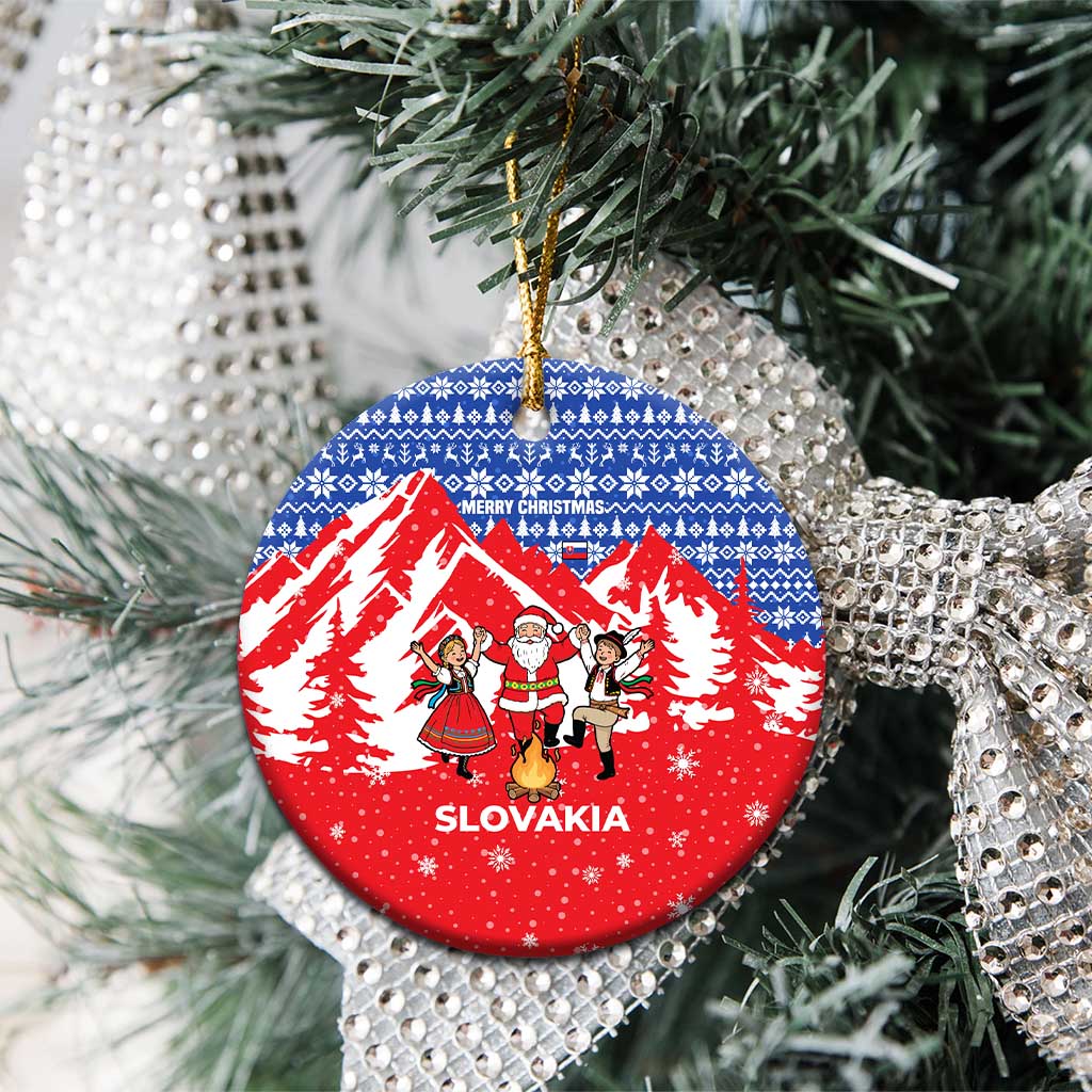 Slovakia Christmas Ceramic Ornament with Santa and Dancers by Campfire Snowy Mountains and Red Blue Snowflake Pattern Design - Wonder Print Shop