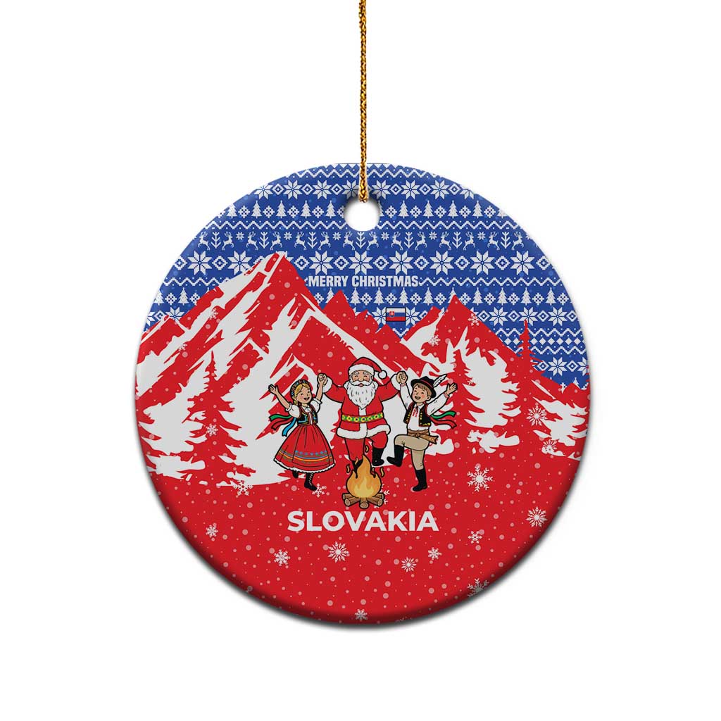 Slovakia Christmas Ceramic Ornament with Santa and Dancers by Campfire Snowy Mountains and Red Blue Snowflake Pattern Design - Wonder Print Shop