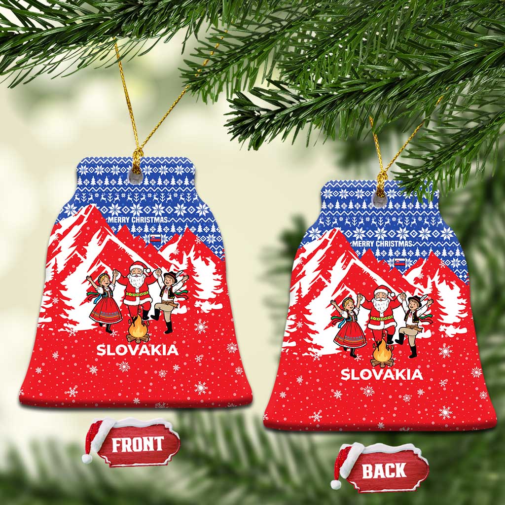 Slovakia Christmas Ceramic Ornament with Santa and Dancers by Campfire Snowy Mountains and Red Blue Snowflake Pattern Design - Wonder Print Shop