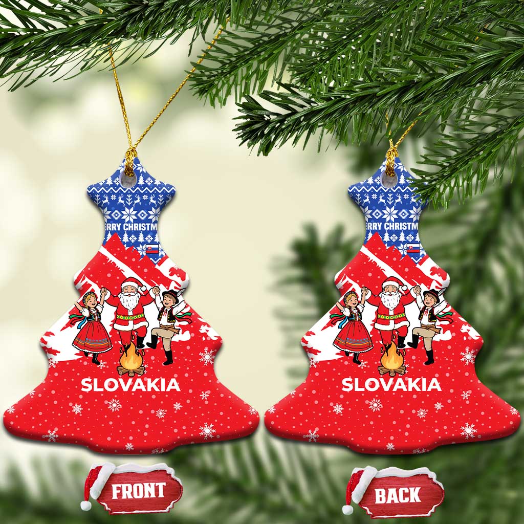 Slovakia Christmas Ceramic Ornament with Santa and Dancers by Campfire Snowy Mountains and Red Blue Snowflake Pattern Design - Wonder Print Shop