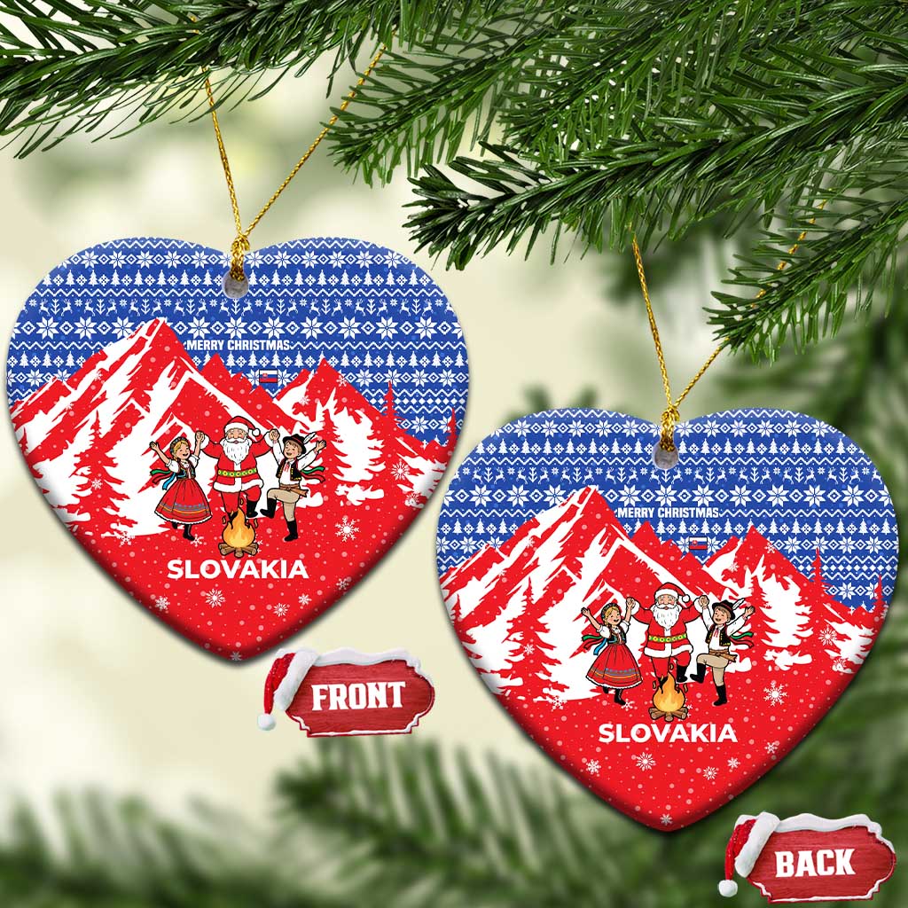 Slovakia Christmas Ceramic Ornament with Santa and Dancers by Campfire Snowy Mountains and Red Blue Snowflake Pattern Design - Wonder Print Shop