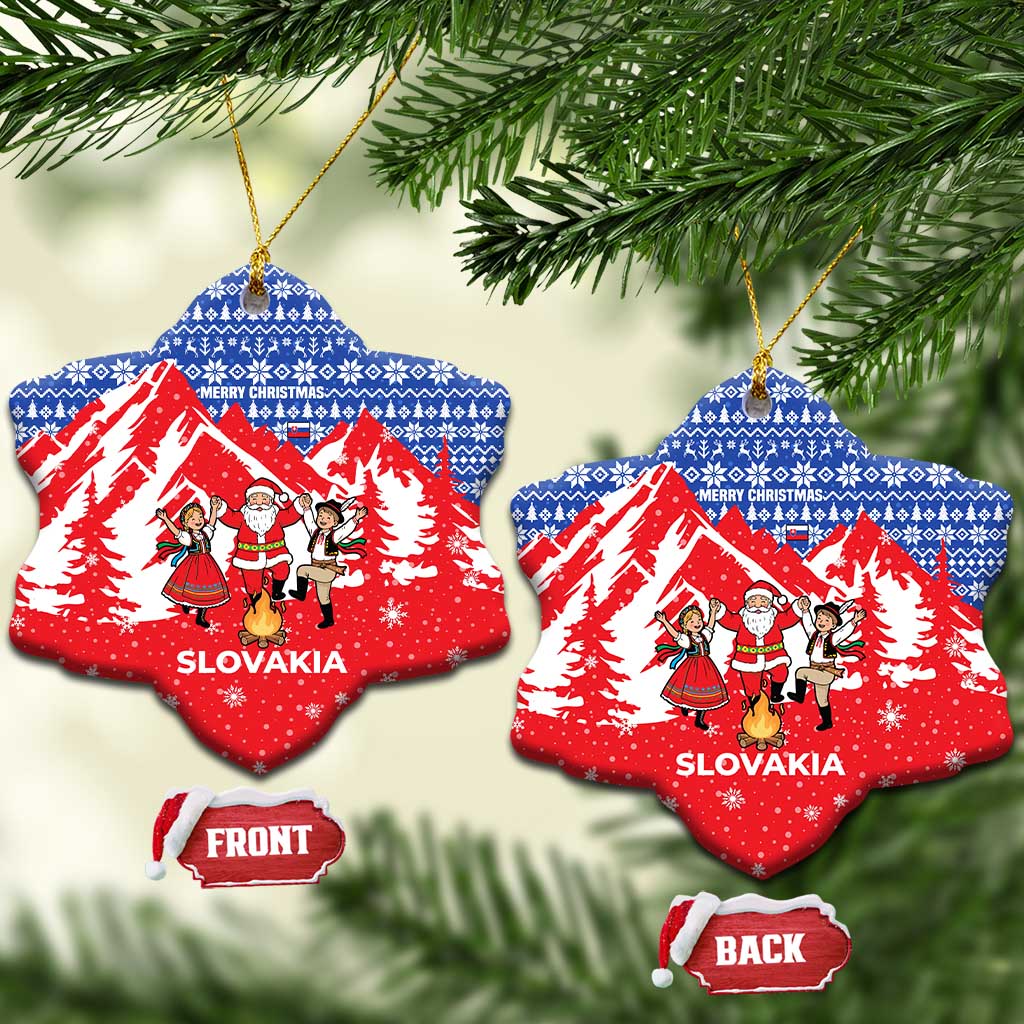 Slovakia Christmas Ceramic Ornament with Santa and Dancers by Campfire Snowy Mountains and Red Blue Snowflake Pattern Design - Wonder Print Shop
