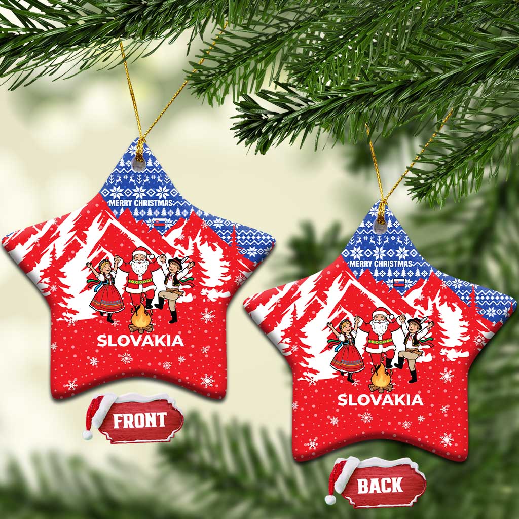 Slovakia Christmas Ceramic Ornament with Santa and Dancers by Campfire Snowy Mountains and Red Blue Snowflake Pattern Design - Wonder Print Shop