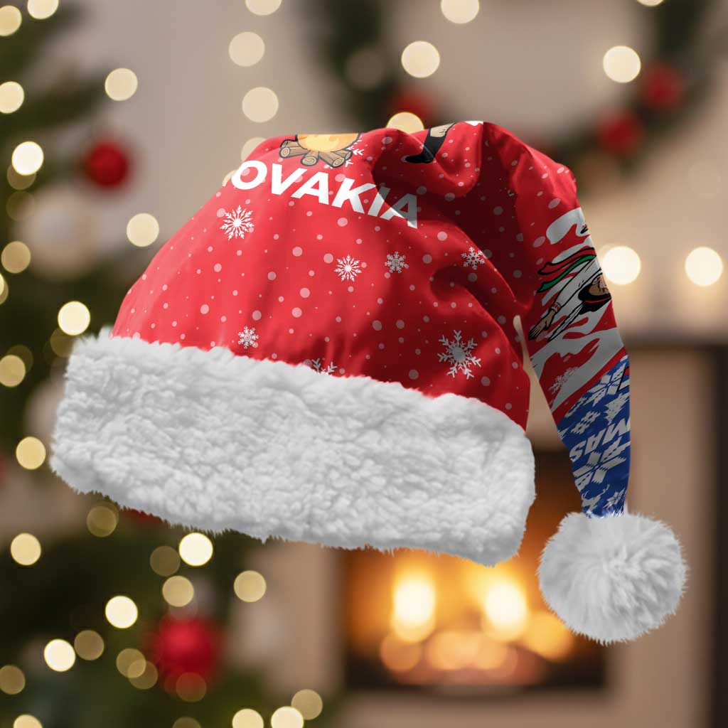 Slovakia Christmas Santa Hat with Santa and Dancers by Campfire Snowy Mountains and Red Blue Snowflake Pattern Design - Wonder Print Shop