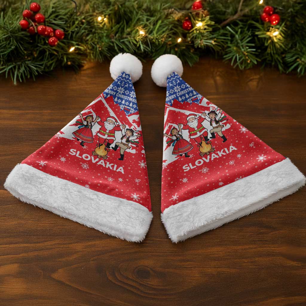 Slovakia Christmas Santa Hat with Santa and Dancers by Campfire Snowy Mountains and Red Blue Snowflake Pattern Design - Wonder Print Shop