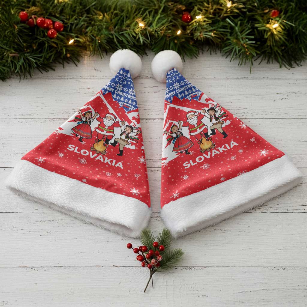Slovakia Christmas Santa Hat with Santa and Dancers by Campfire Snowy Mountains and Red Blue Snowflake Pattern Design - Wonder Print Shop
