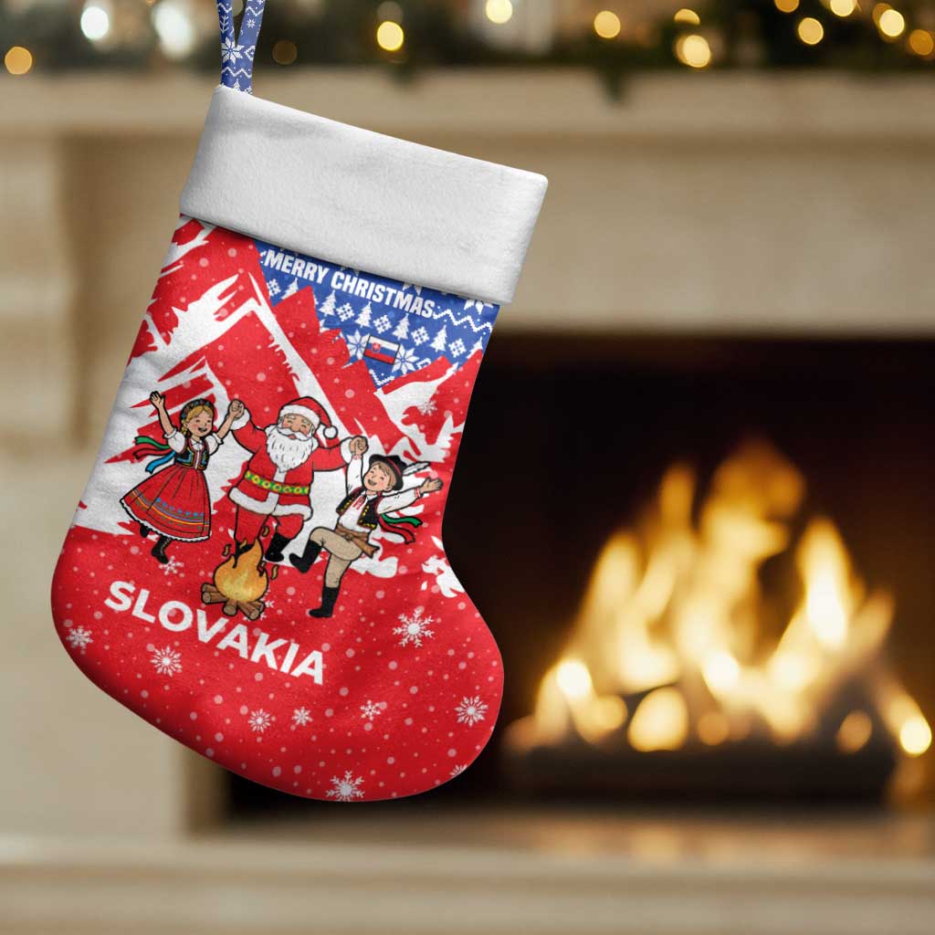Slovakia Christmas Stocking with Santa and Dancers by Campfire Snowy Mountains and Red Blue Snowflake Pattern Design - Wonder Print Shop
