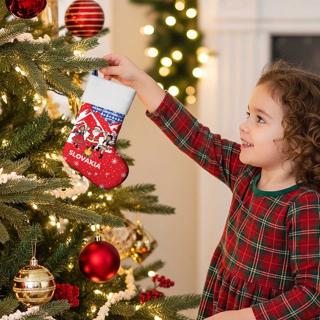 Slovakia Christmas Stocking with Santa and Dancers by Campfire Snowy Mountains and Red Blue Snowflake Pattern Design - Wonder Print Shop