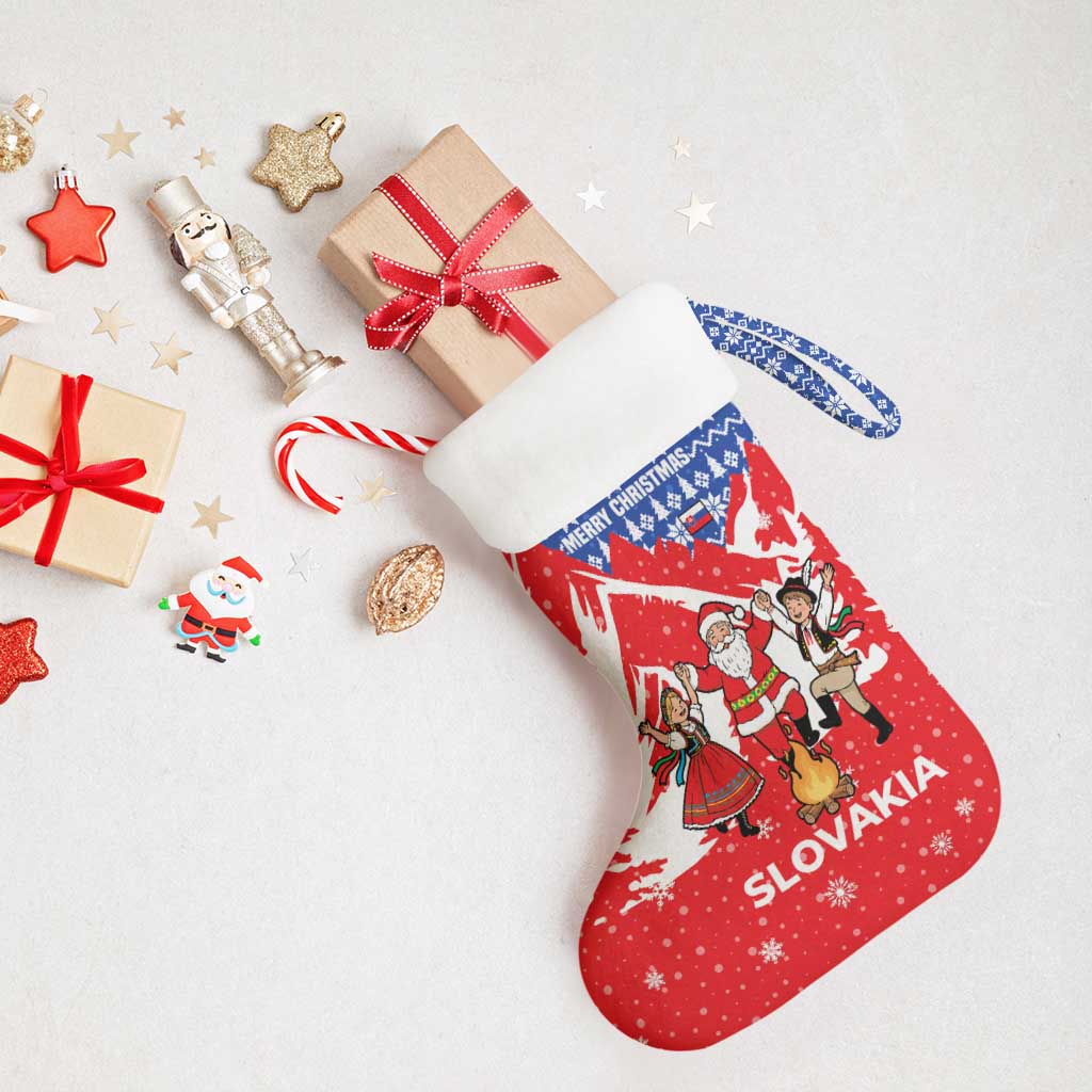 Slovakia Christmas Stocking with Santa and Dancers by Campfire Snowy Mountains and Red Blue Snowflake Pattern Design - Wonder Print Shop