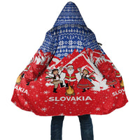 Slovakia Christmas Cloak with Santa and Dancers by Campfire Snowy Mountains and Red Blue Snowflake Pattern Design - Wonder Print Shop