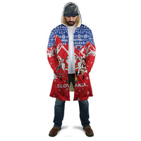 Slovakia Christmas Cloak with Santa and Dancers by Campfire Snowy Mountains and Red Blue Snowflake Pattern Design - Wonder Print Shop