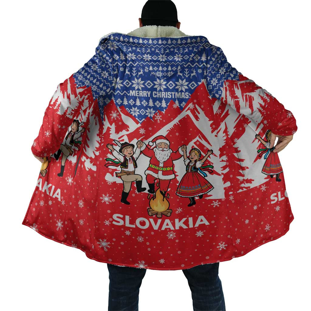 Slovakia Christmas Cloak with Santa and Dancers by Campfire Snowy Mountains and Red Blue Snowflake Pattern Design - Wonder Print Shop