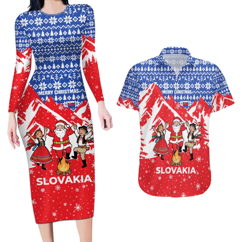 Slovakia Christmas Couples Matching Long Sleeve Bodycon Dress and Hawaiian Shirt with Santa and Dancers by Campfire Snowy Mountains and Red Blue Snowflake Pattern Design - Wonder Print Shop