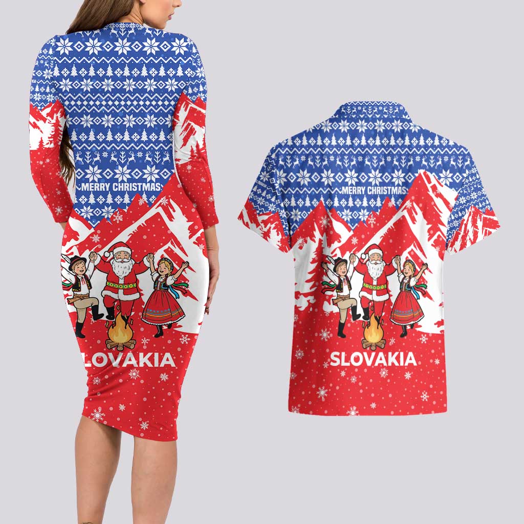Slovakia Christmas Couples Matching Long Sleeve Bodycon Dress and Hawaiian Shirt with Santa and Dancers by Campfire Snowy Mountains and Red Blue Snowflake Pattern Design - Wonder Print Shop