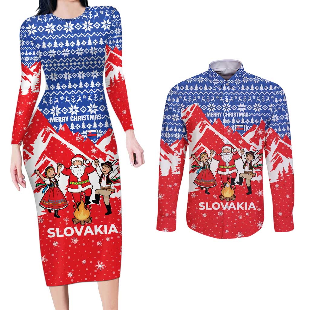 Slovakia Christmas Couples Matching Long Sleeve Bodycon Dress and Long Sleeve Button Shirt with Santa and Dancers by Campfire Snowy Mountains and Red Blue Snowflake Pattern Design - Wonder Print Shop