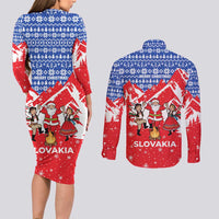 Slovakia Christmas Couples Matching Long Sleeve Bodycon Dress and Long Sleeve Button Shirt with Santa and Dancers by Campfire Snowy Mountains and Red Blue Snowflake Pattern Design - Wonder Print Shop