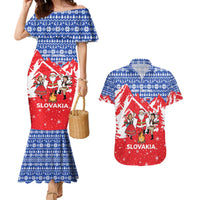 Slovakia Christmas Couples Matching Mermaid Dress and Hawaiian Shirt with Santa and Dancers by Campfire Snowy Mountains and Red Blue Snowflake Pattern Design - Wonder Print Shop