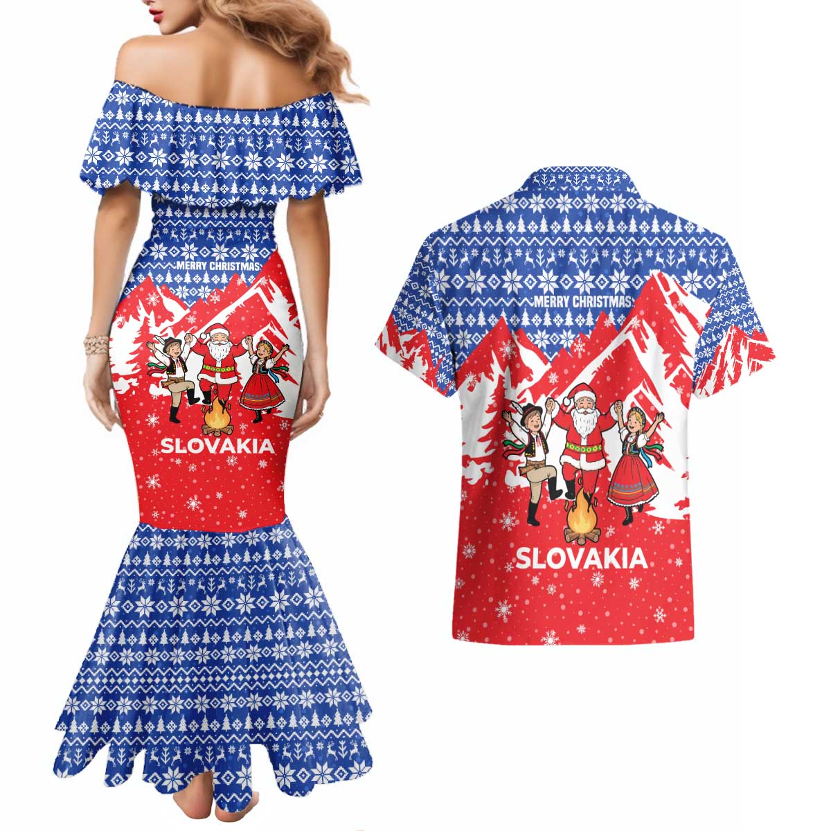 Slovakia Christmas Couples Matching Mermaid Dress and Hawaiian Shirt with Santa and Dancers by Campfire Snowy Mountains and Red Blue Snowflake Pattern Design - Wonder Print Shop