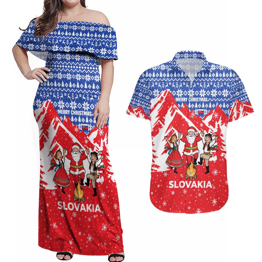 Slovakia Christmas Couples Matching Off Shoulder Maxi Dress and Hawaiian Shirt with Santa and Dancers by Campfire Snowy Mountains and Red Blue Snowflake Pattern Design - Wonder Print Shop