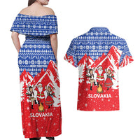 Slovakia Christmas Couples Matching Off Shoulder Maxi Dress and Hawaiian Shirt with Santa and Dancers by Campfire Snowy Mountains and Red Blue Snowflake Pattern Design - Wonder Print Shop