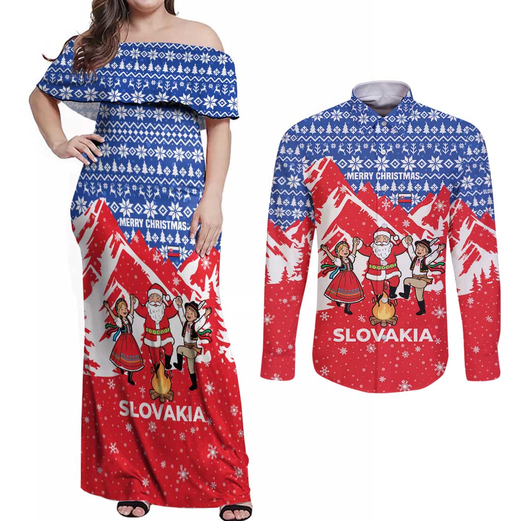 Slovakia Christmas Couples Matching Off Shoulder Maxi Dress and Long Sleeve Button Shirt with Santa and Dancers by Campfire Snowy Mountains and Red Blue Snowflake Pattern Design - Wonder Print Shop