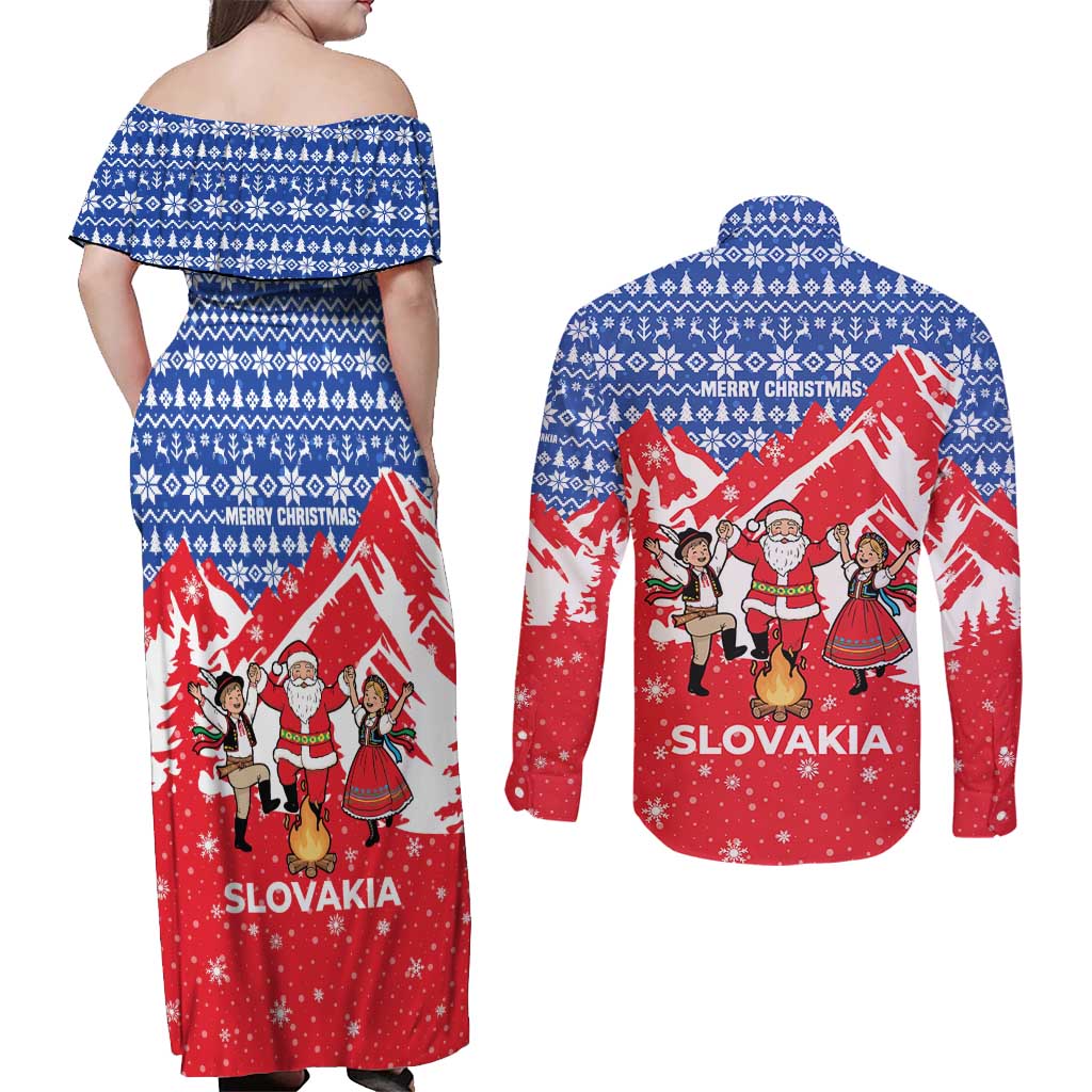 Slovakia Christmas Couples Matching Off Shoulder Maxi Dress and Long Sleeve Button Shirt with Santa and Dancers by Campfire Snowy Mountains and Red Blue Snowflake Pattern Design - Wonder Print Shop