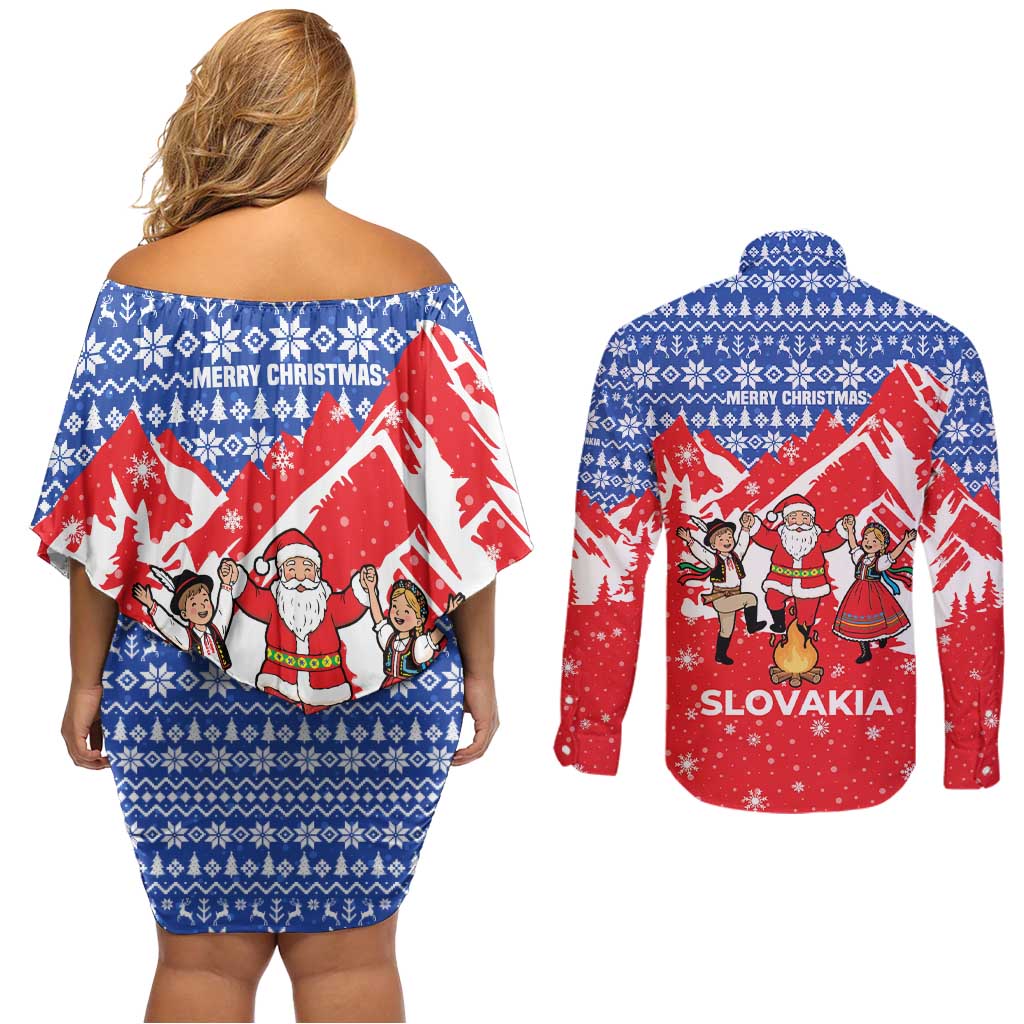 Slovakia Christmas Couples Matching Off Shoulder Short Dress and Long Sleeve Button Shirt with Santa and Dancers by Campfire Snowy Mountains and Red Blue Snowflake Pattern Design - Wonder Print Shop