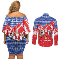 Slovakia Christmas Couples Matching Off Shoulder Short Dress and Long Sleeve Button Shirt with Santa and Dancers by Campfire Snowy Mountains and Red Blue Snowflake Pattern Design - Wonder Print Shop