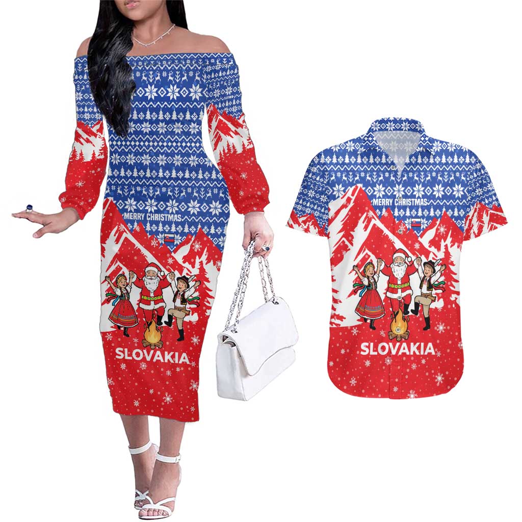 Slovakia Christmas Couples Matching Off The Shoulder Long Sleeve Dress and Hawaiian Shirt with Santa and Dancers by Campfire Snowy Mountains and Red Blue Snowflake Pattern Design - Wonder Print Shop
