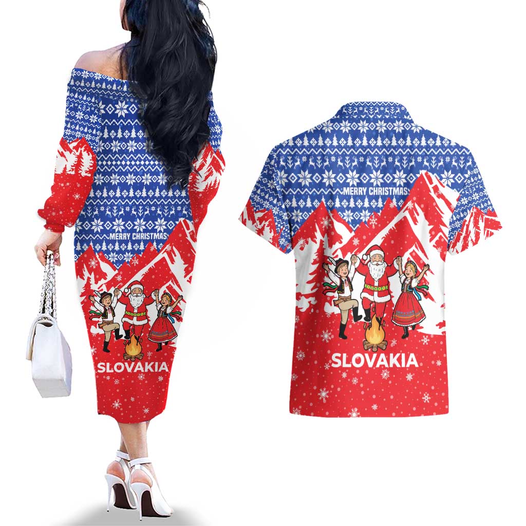 Slovakia Christmas Couples Matching Off The Shoulder Long Sleeve Dress and Hawaiian Shirt with Santa and Dancers by Campfire Snowy Mountains and Red Blue Snowflake Pattern Design - Wonder Print Shop