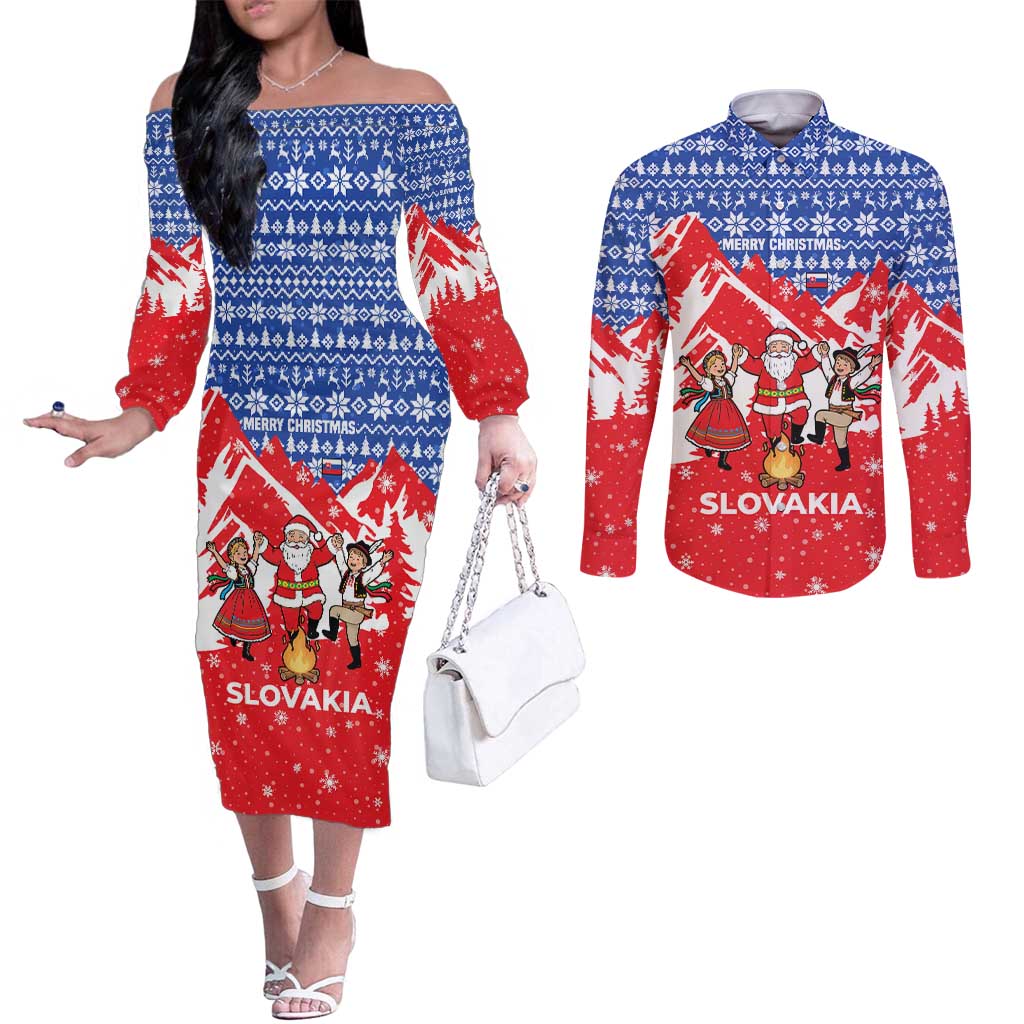 Slovakia Christmas Couples Matching Off The Shoulder Long Sleeve Dress and Long Sleeve Button Shirt with Santa and Dancers by Campfire Snowy Mountains and Red Blue Snowflake Pattern Design - Wonder Print Shop