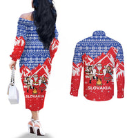 Slovakia Christmas Couples Matching Off The Shoulder Long Sleeve Dress and Long Sleeve Button Shirt with Santa and Dancers by Campfire Snowy Mountains and Red Blue Snowflake Pattern Design - Wonder Print Shop