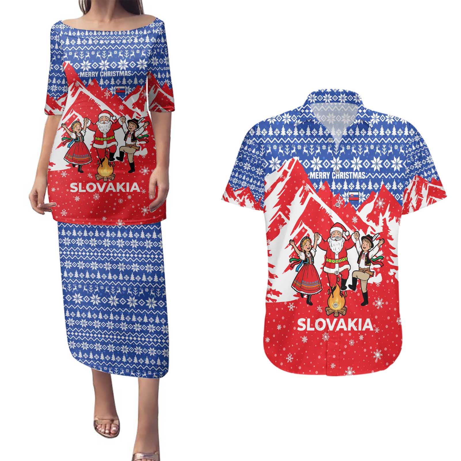Slovakia Christmas Couples Matching Puletasi and Hawaiian Shirt with Santa and Dancers by Campfire Snowy Mountains and Red Blue Snowflake Pattern Design - Wonder Print Shop