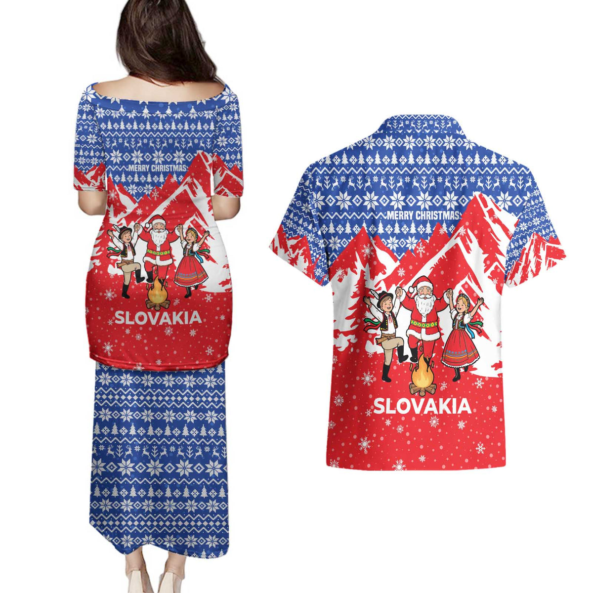 Slovakia Christmas Couples Matching Puletasi and Hawaiian Shirt with Santa and Dancers by Campfire Snowy Mountains and Red Blue Snowflake Pattern Design - Wonder Print Shop